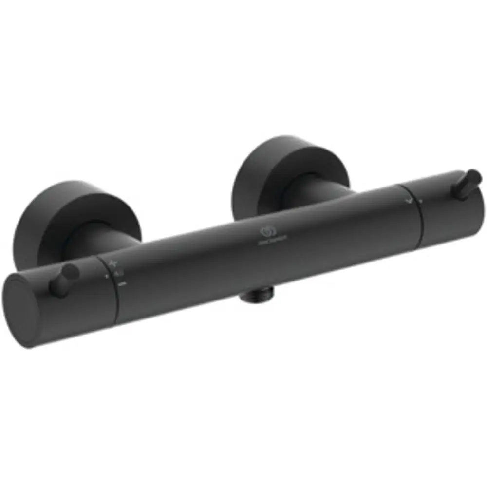 Brausethermostat in mattem Schwarz mit zwei drehbaren Griffelementen von Ideal Standard, zur Wandmontage geeignet.